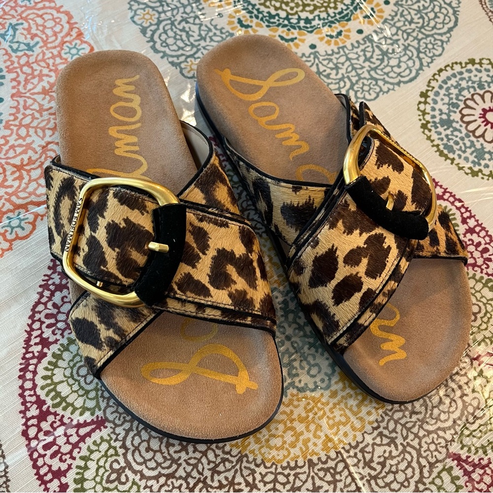 Sam Edelman Darla Leopard and Gold Slide Sandals